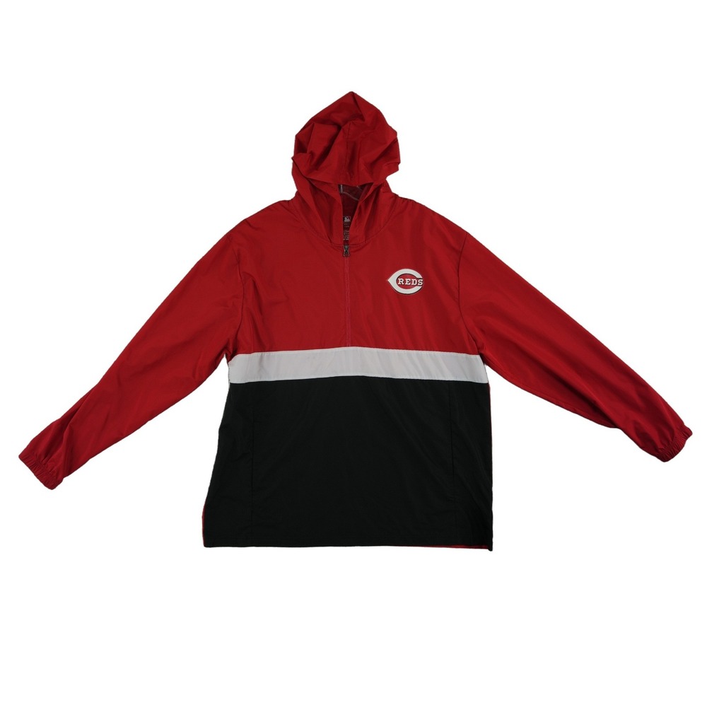 MLB Cincinnati Reds Windbreaker Jacket Mens Size XL Red Black Quarter Zip Hooded